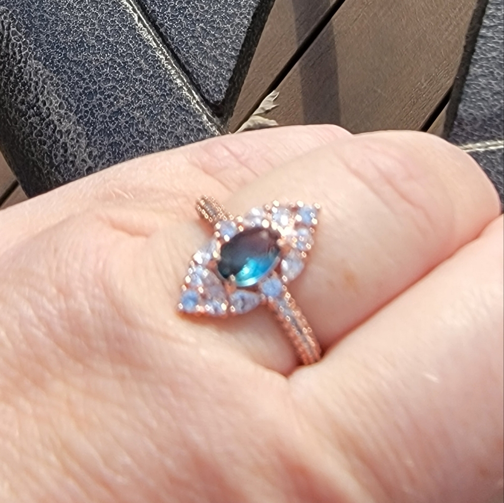 Bomb party lab created blue topaz size 8 ring